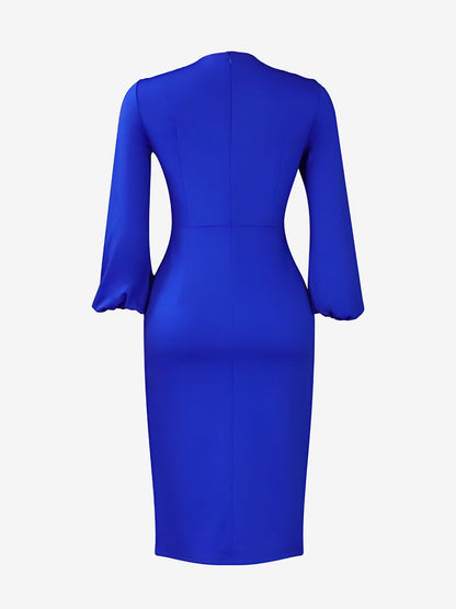 V Neck Puff Sleeve Slit Office Midi Sheath Dress