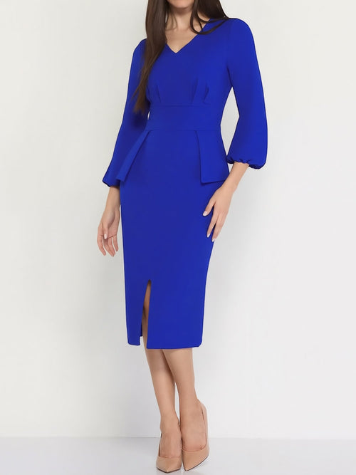 V Neck Puff Sleeve Slit Office Midi Sheath Dress