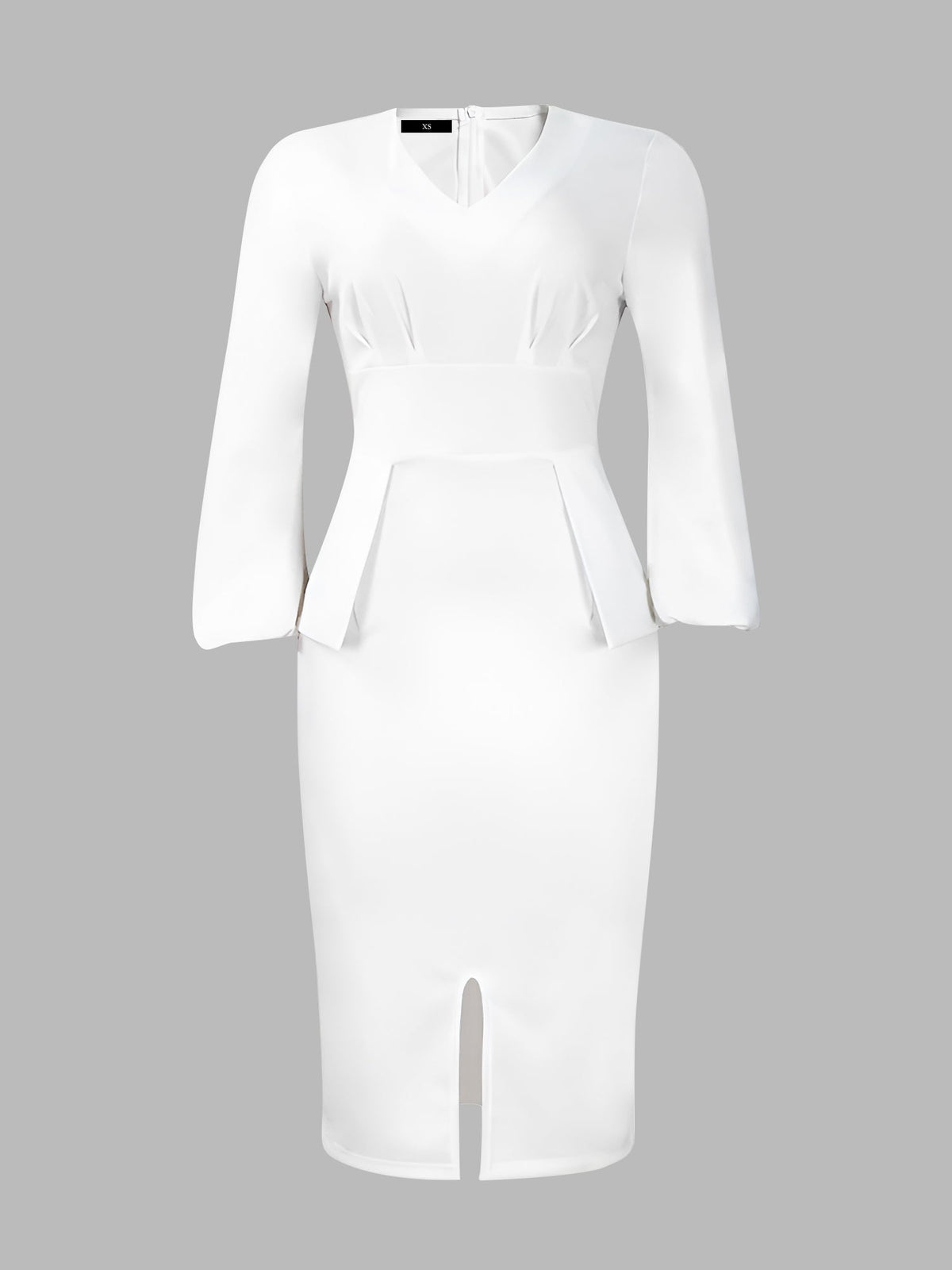 V Neck Puff Sleeve Slit Office Midi Sheath Dress