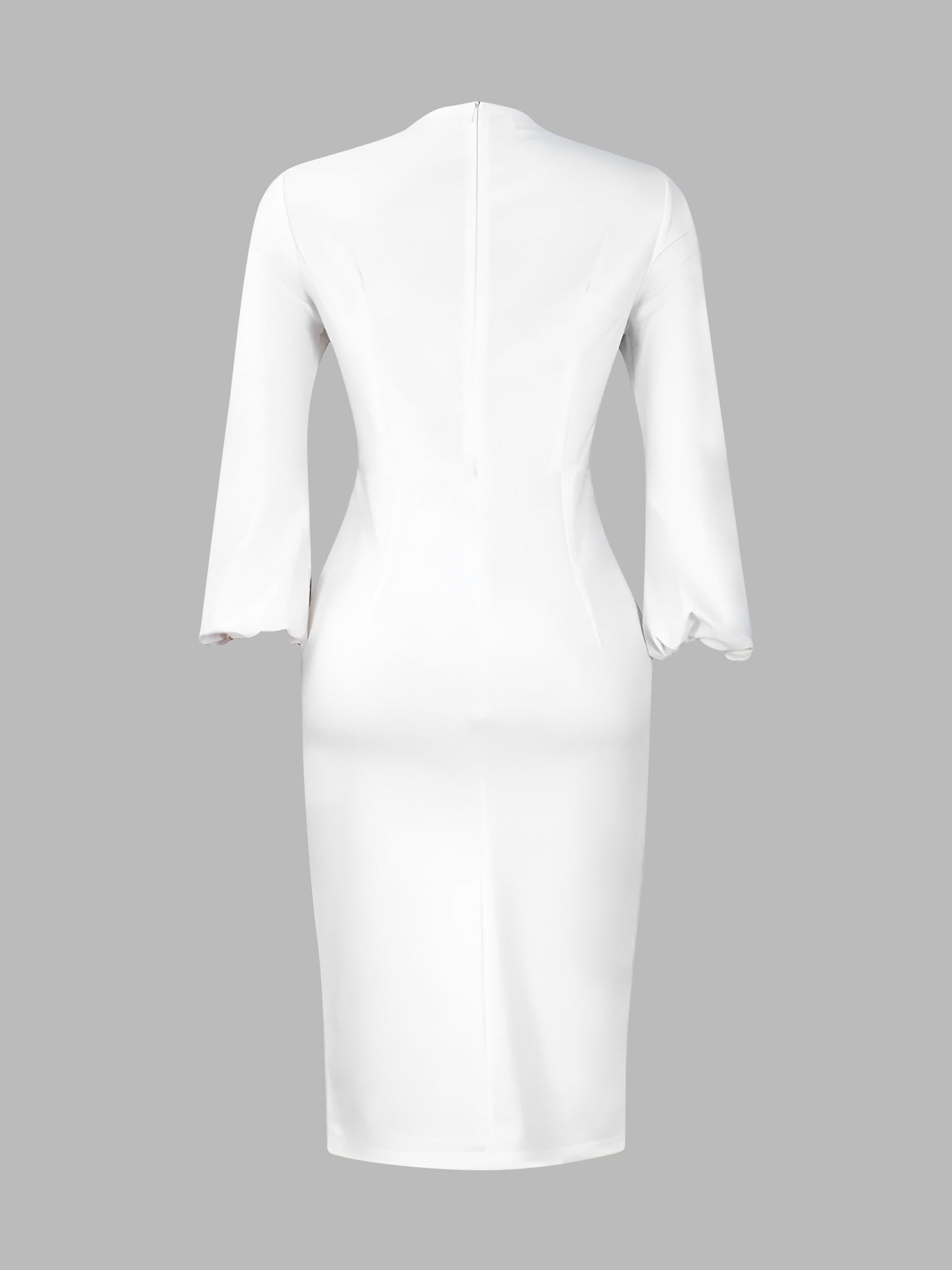 V Neck Puff Sleeve Slit Office Midi Sheath Dress