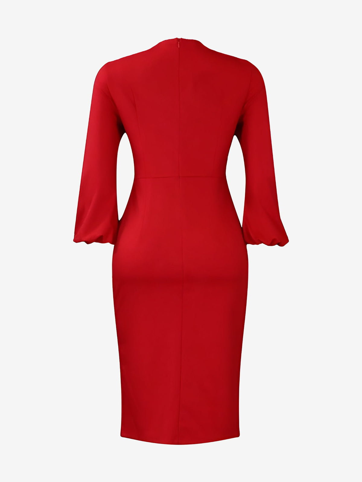 V Neck Puff Sleeve Slit Office Midi Sheath Dress