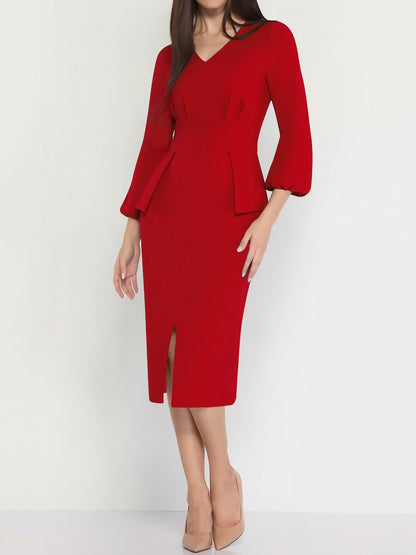 V Neck Puff Sleeve Slit Office Midi Sheath Dress