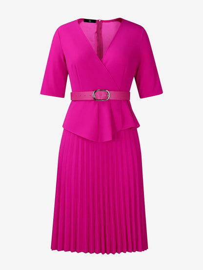 V Neck Short Sleeves Belted Pleated Midi Work Dress