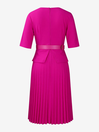 V Neck Short Sleeves Belted Pleated Midi Work Dress