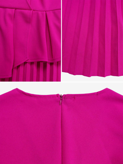 V Neck Short Sleeves Belted Pleated Midi Work Dress