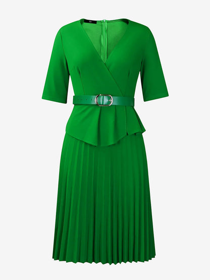 V Neck Short Sleeves Belted Pleated Midi Work Dress