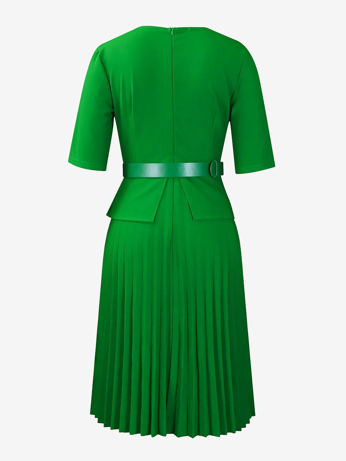 V Neck Short Sleeves Belted Pleated Midi Work Dress