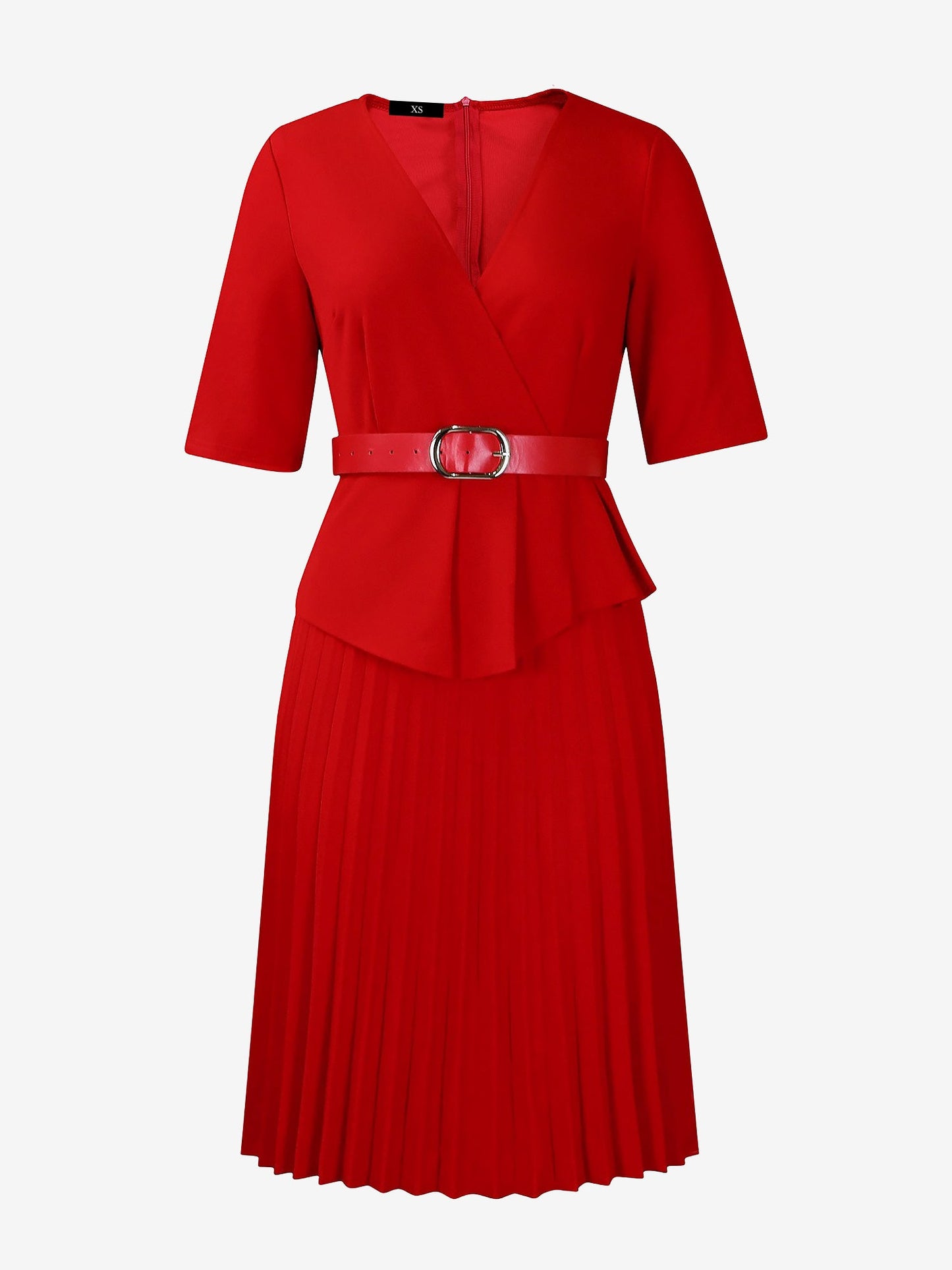V Neck Short Sleeves Belted Pleated Midi Work Dress