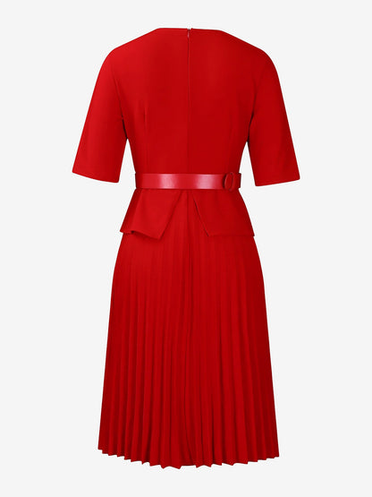 V Neck Short Sleeves Belted Pleated Midi Work Dress