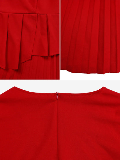 V Neck Short Sleeves Belted Pleated Midi Work Dress