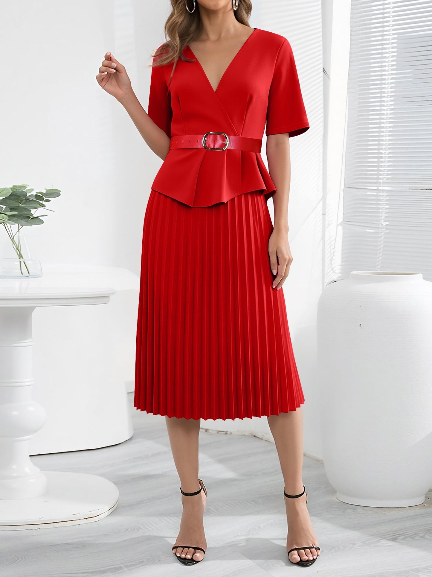 V Neck Short Sleeves Belted Pleated Midi Work Dress