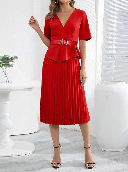 V Neck Short Sleeves Belted Pleated Midi Work Dress