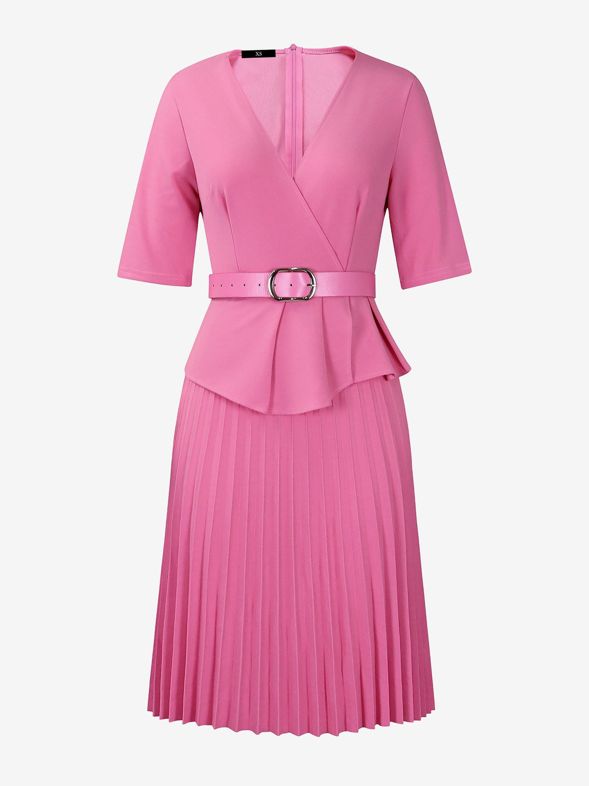 V Neck Short Sleeves Belted Pleated Midi Work Dress