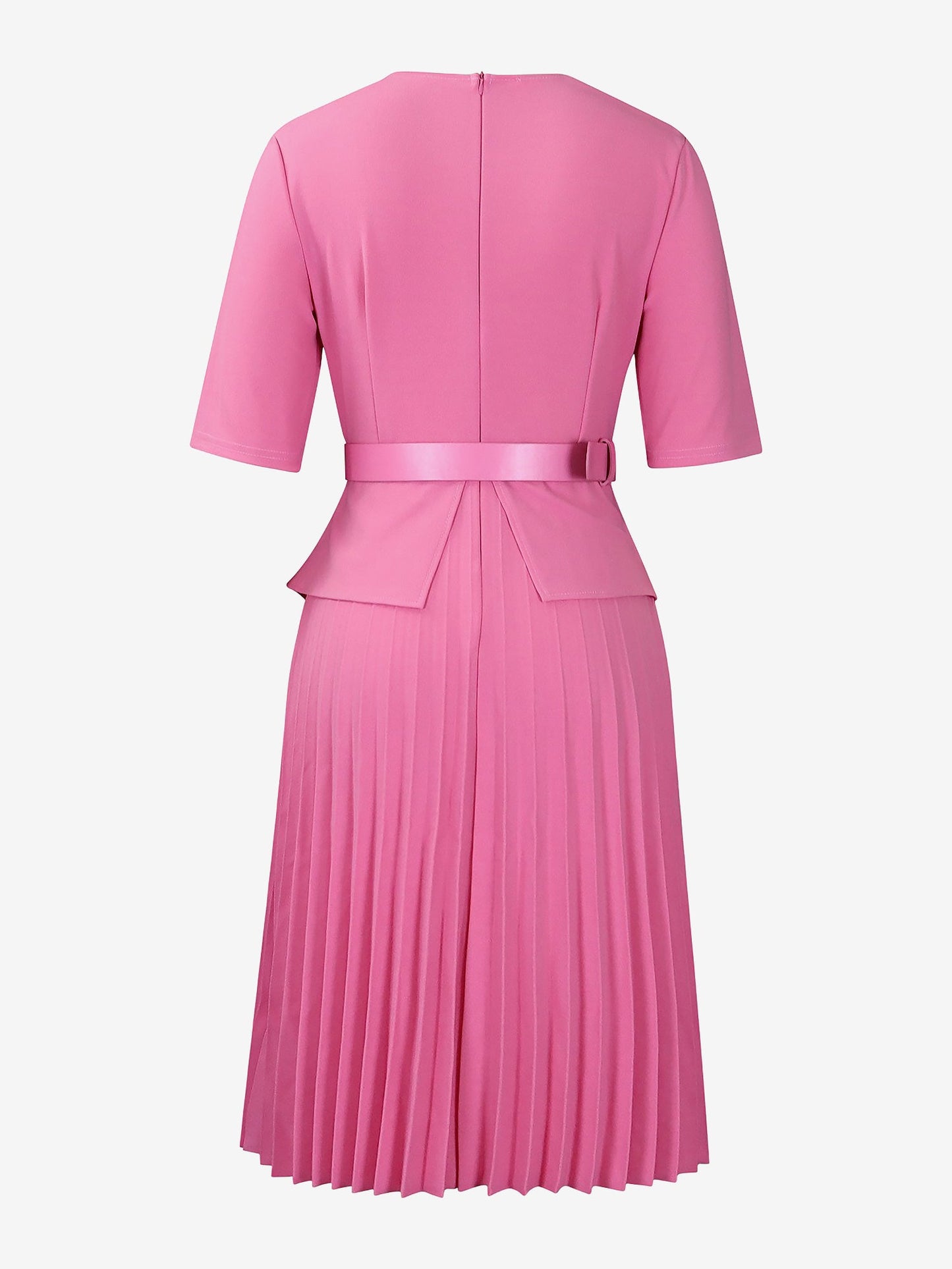 V Neck Short Sleeves Belted Pleated Midi Work Dress