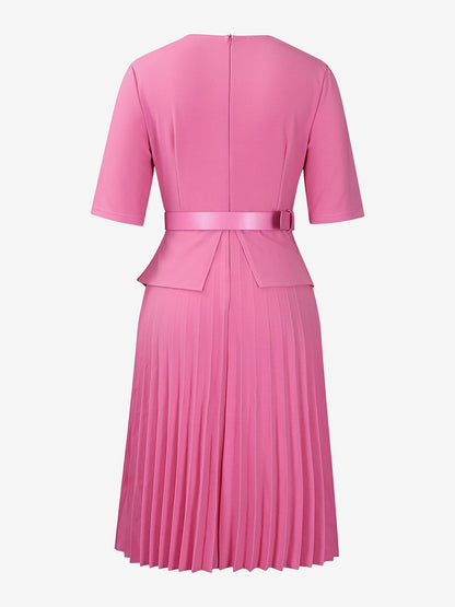 V Neck Short Sleeves Belted Pleated Midi Work Dress