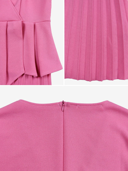 V Neck Short Sleeves Belted Pleated Midi Work Dress