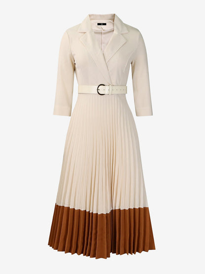 Notched Lapel Colorblock Belted Pleated Midi Dress