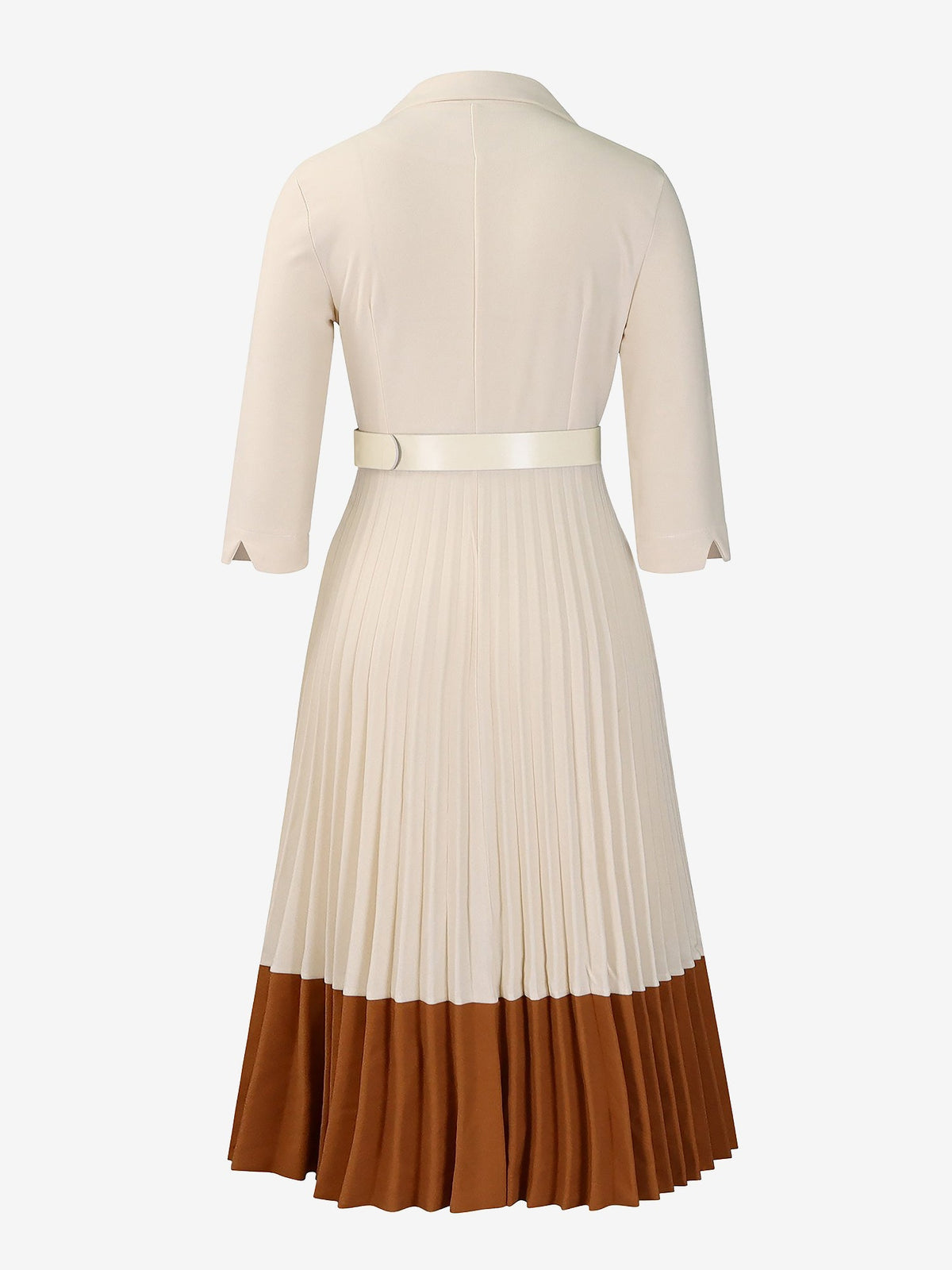 Notched Lapel Colorblock Belted Pleated Midi Dress
