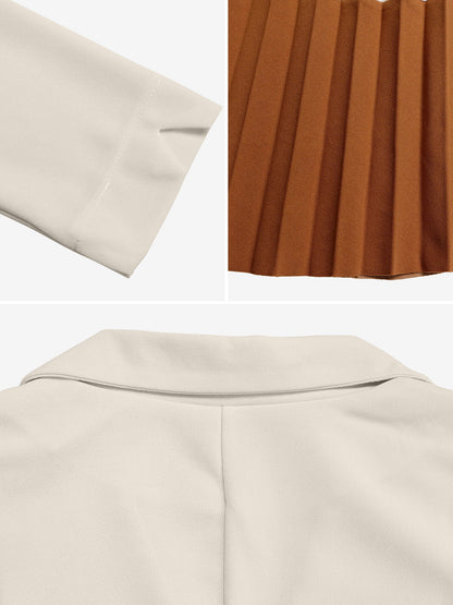 Notched Lapel Colorblock Belted Pleated Midi Dress