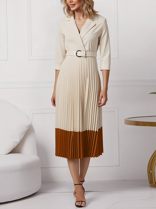 Notched Lapel Colorblock Belted Pleated Midi Dress