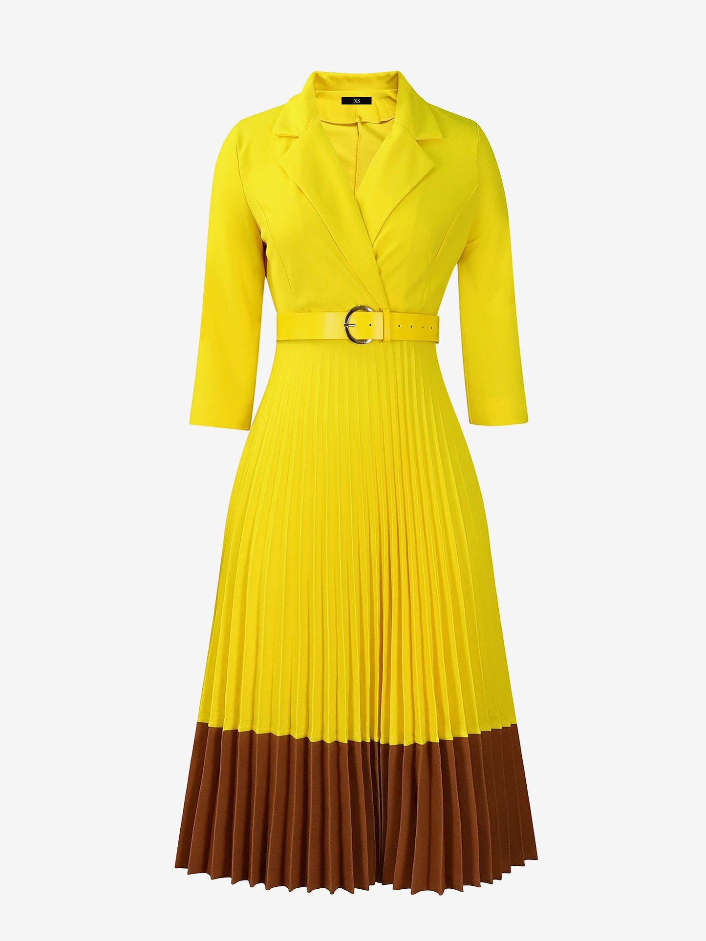 Notched Lapel Colorblock Belted Pleated Midi Dress