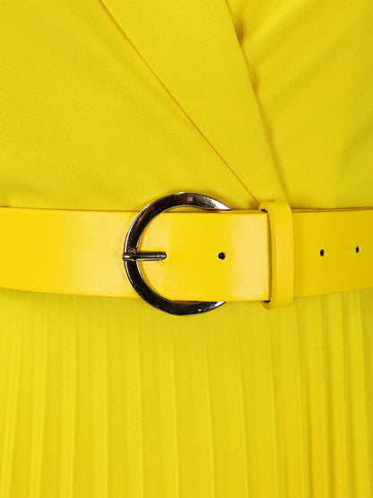 Notched Lapel Colorblock Belted Pleated Midi Dress