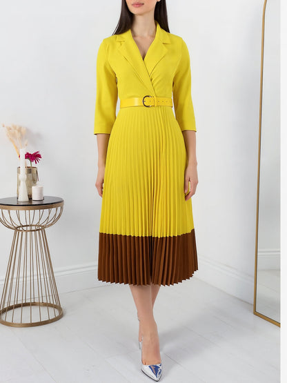 Notched Lapel Colorblock Belted Pleated Midi Dress