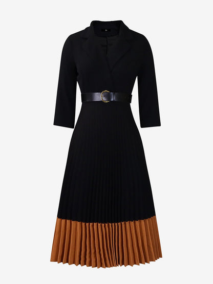 Notched Lapel Colorblock Belted Pleated Midi Dress