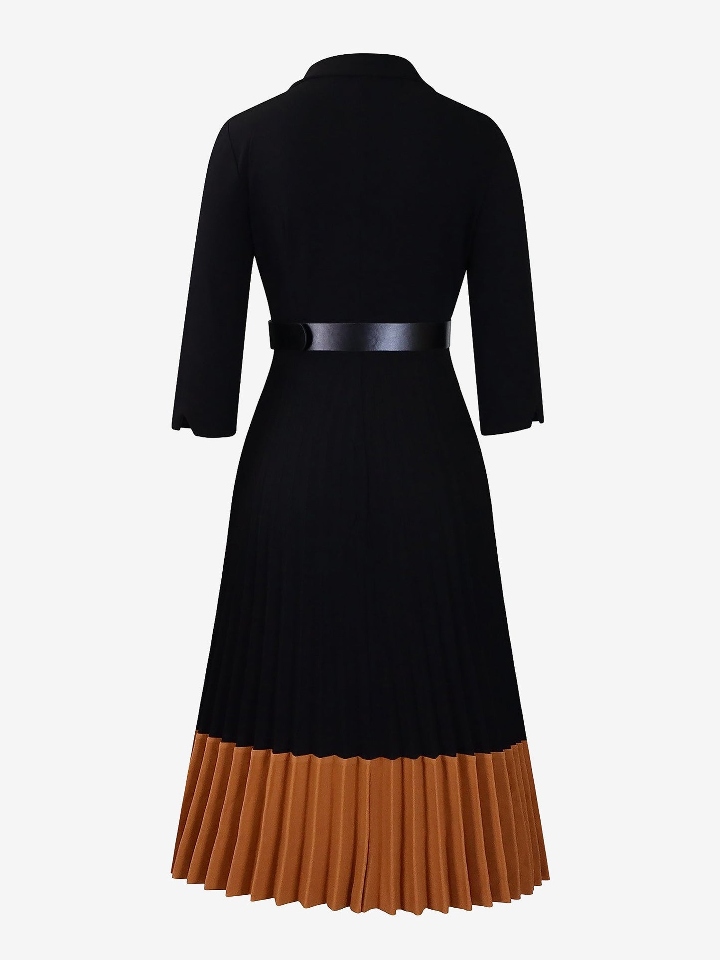 Notched Lapel Colorblock Belted Pleated Midi Dress