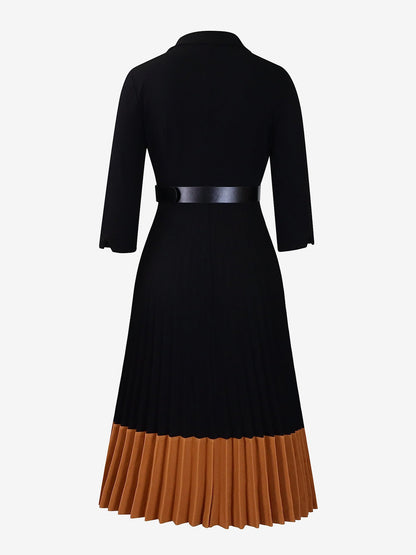 Notched Lapel Colorblock Belted Pleated Midi Dress
