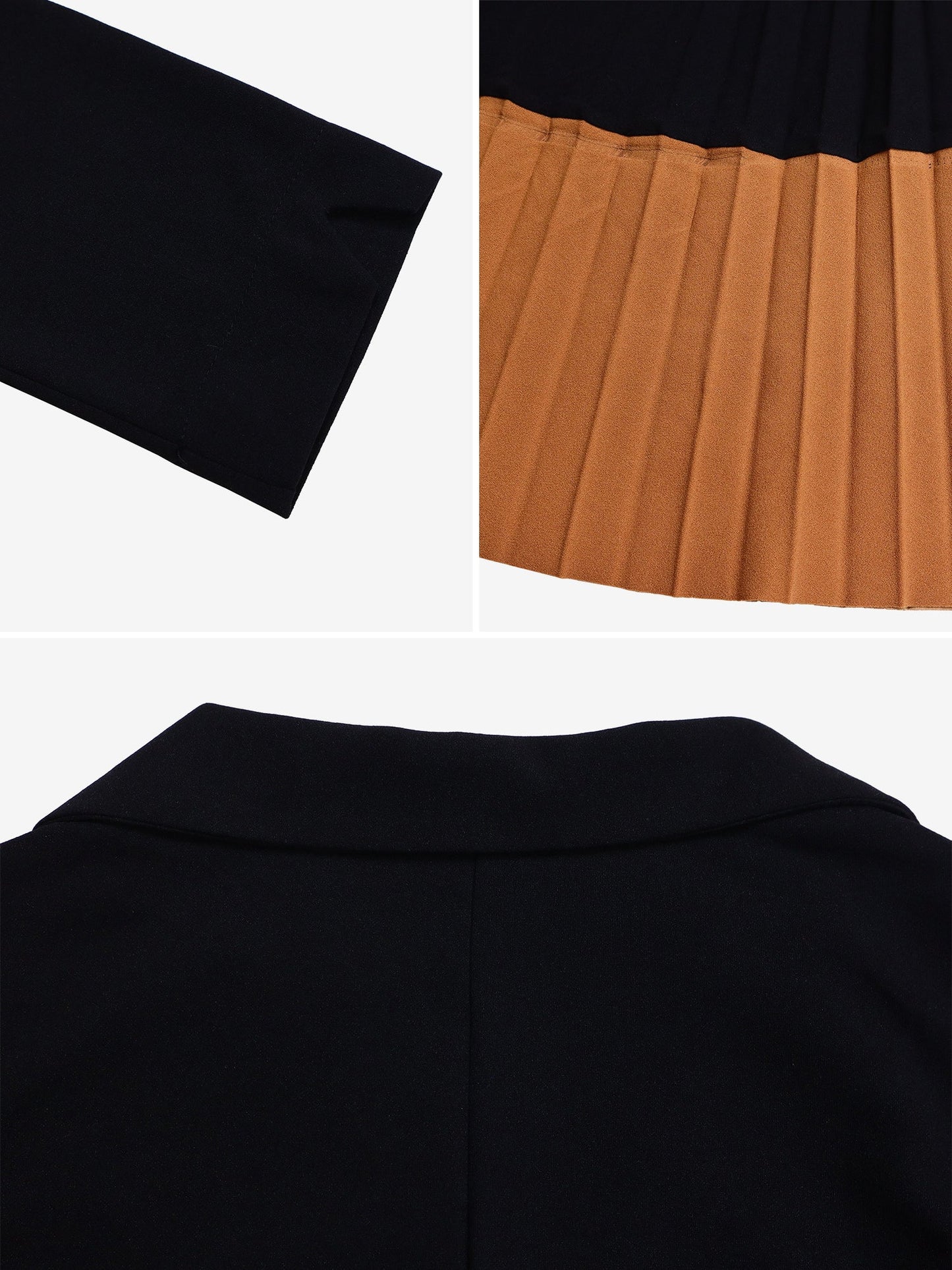 Notched Lapel Colorblock Belted Pleated Midi Dress