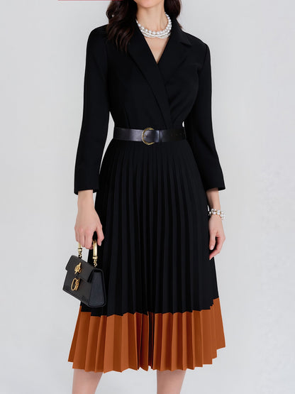 Notched Lapel Colorblock Belted Pleated Midi Dress