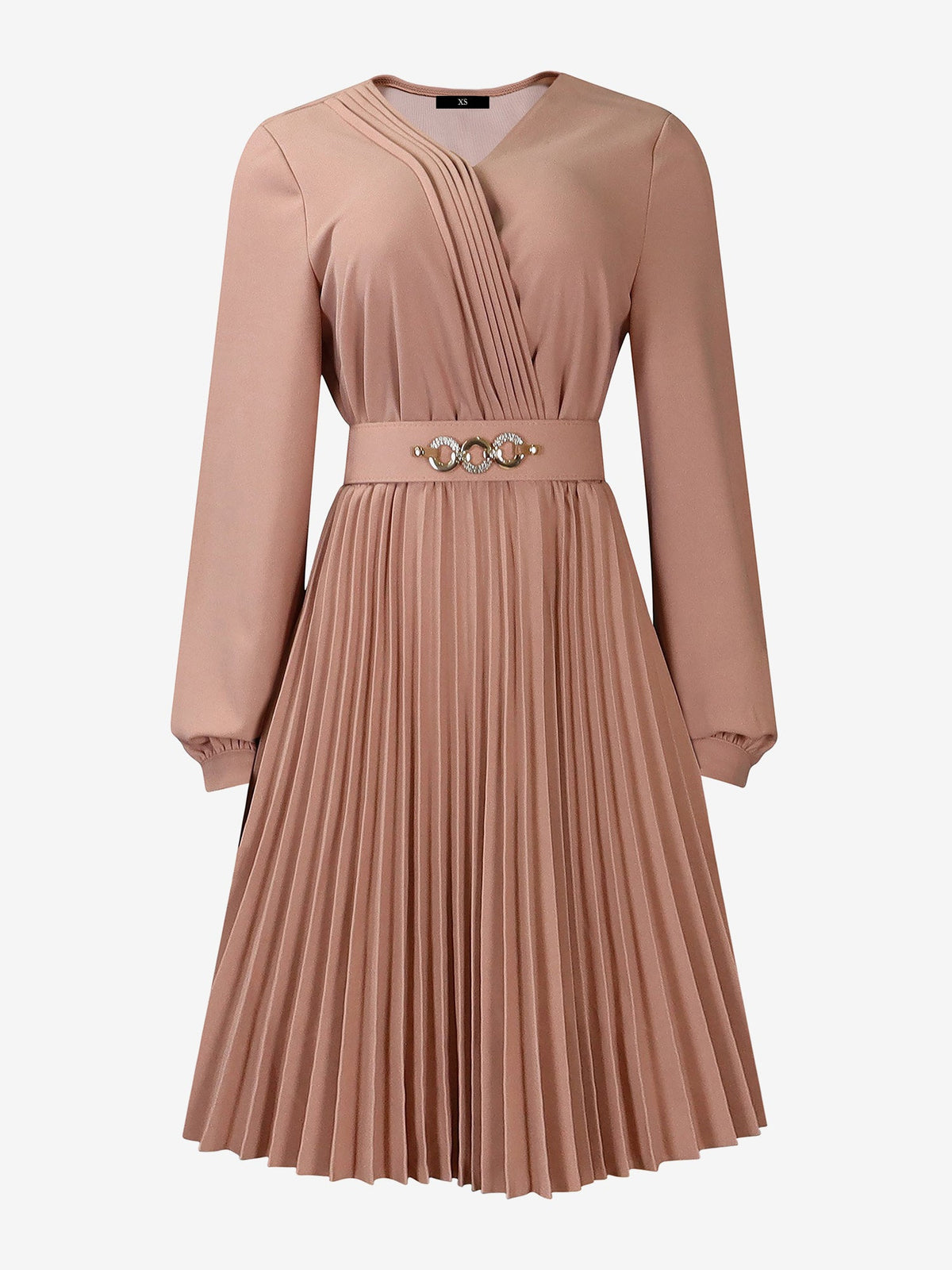 V Neck Long Sleeves Belted Pleated Midi Dress
