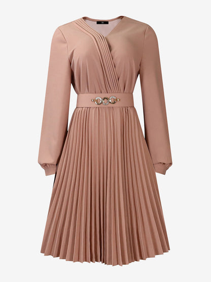 V Neck Long Sleeves Belted Pleated Midi Dress