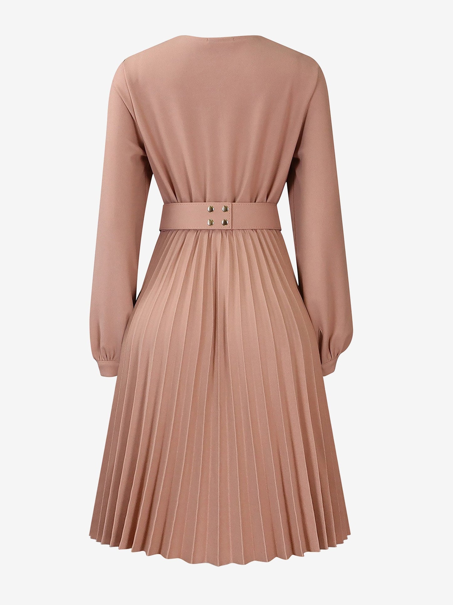 V Neck Long Sleeves Belted Pleated Midi Dress