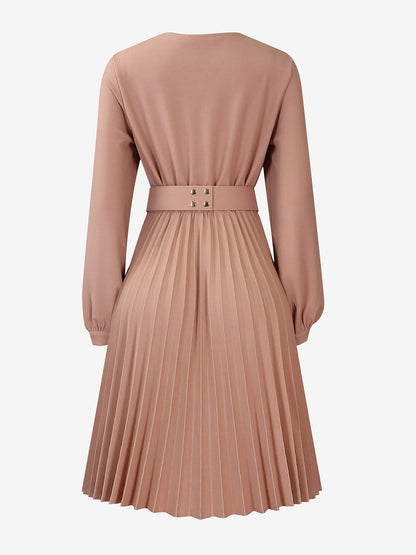 V Neck Long Sleeves Belted Pleated Midi Dress
