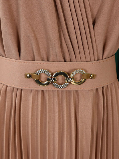 V Neck Long Sleeves Belted Pleated Midi Dress