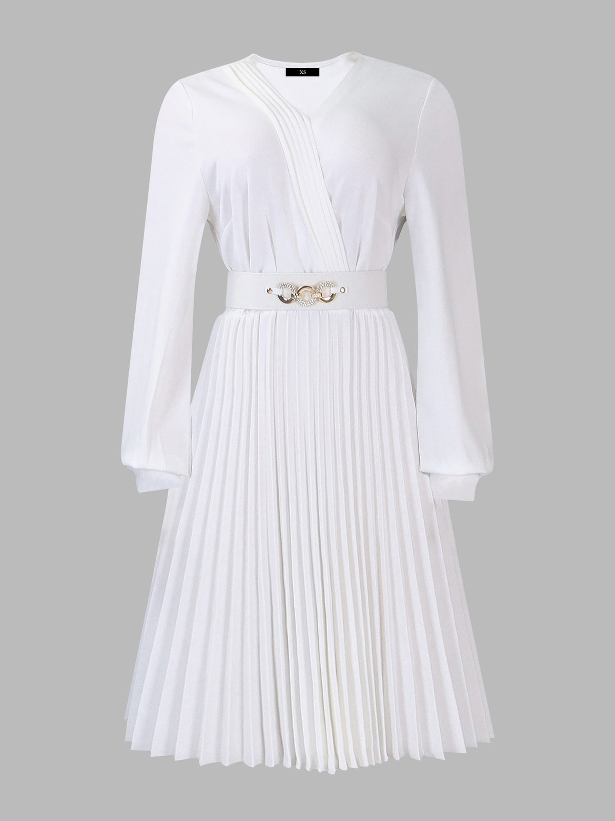 V Neck Long Sleeves Belted Pleated Midi Dress