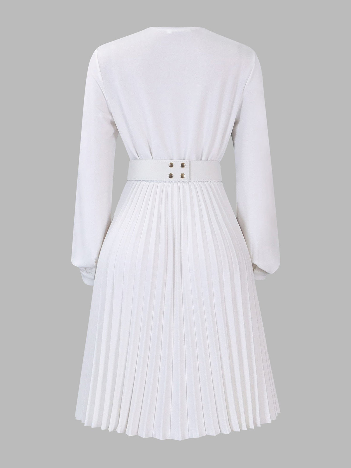 V Neck Long Sleeves Belted Pleated Midi Dress