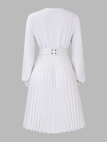 V Neck Long Sleeves Belted Pleated Midi Dress