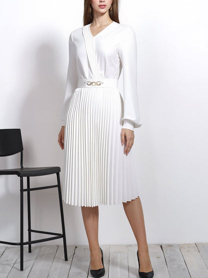 V Neck Long Sleeves Belted Pleated Midi Dress