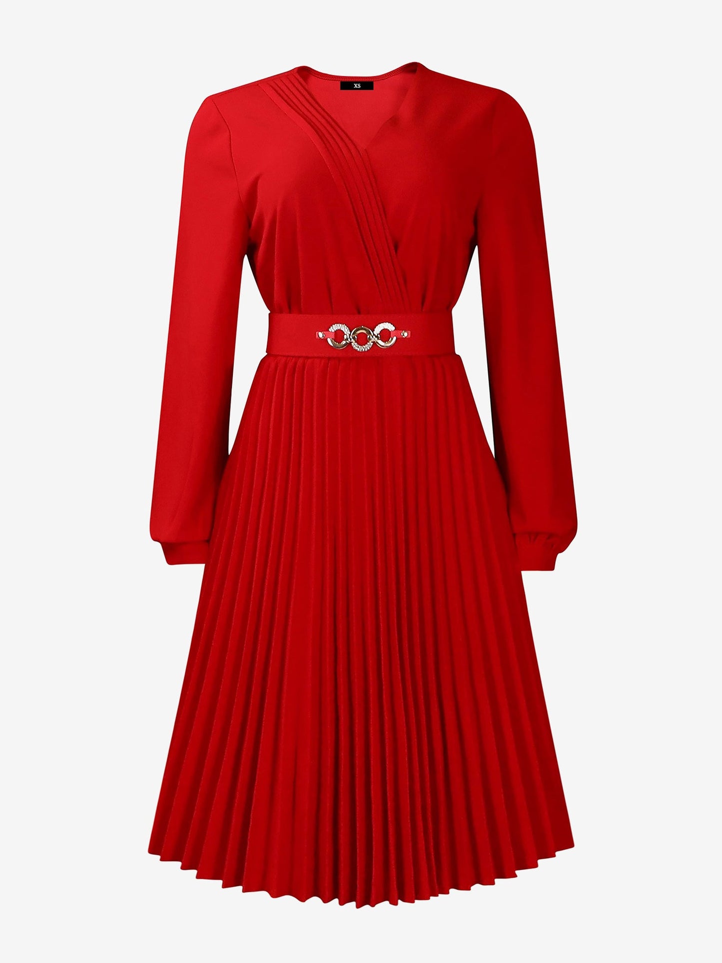 V Neck Long Sleeves Belted Pleated Midi Dress