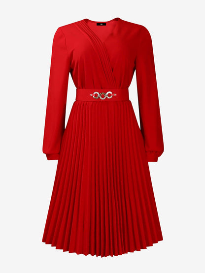 V Neck Long Sleeves Belted Pleated Midi Dress