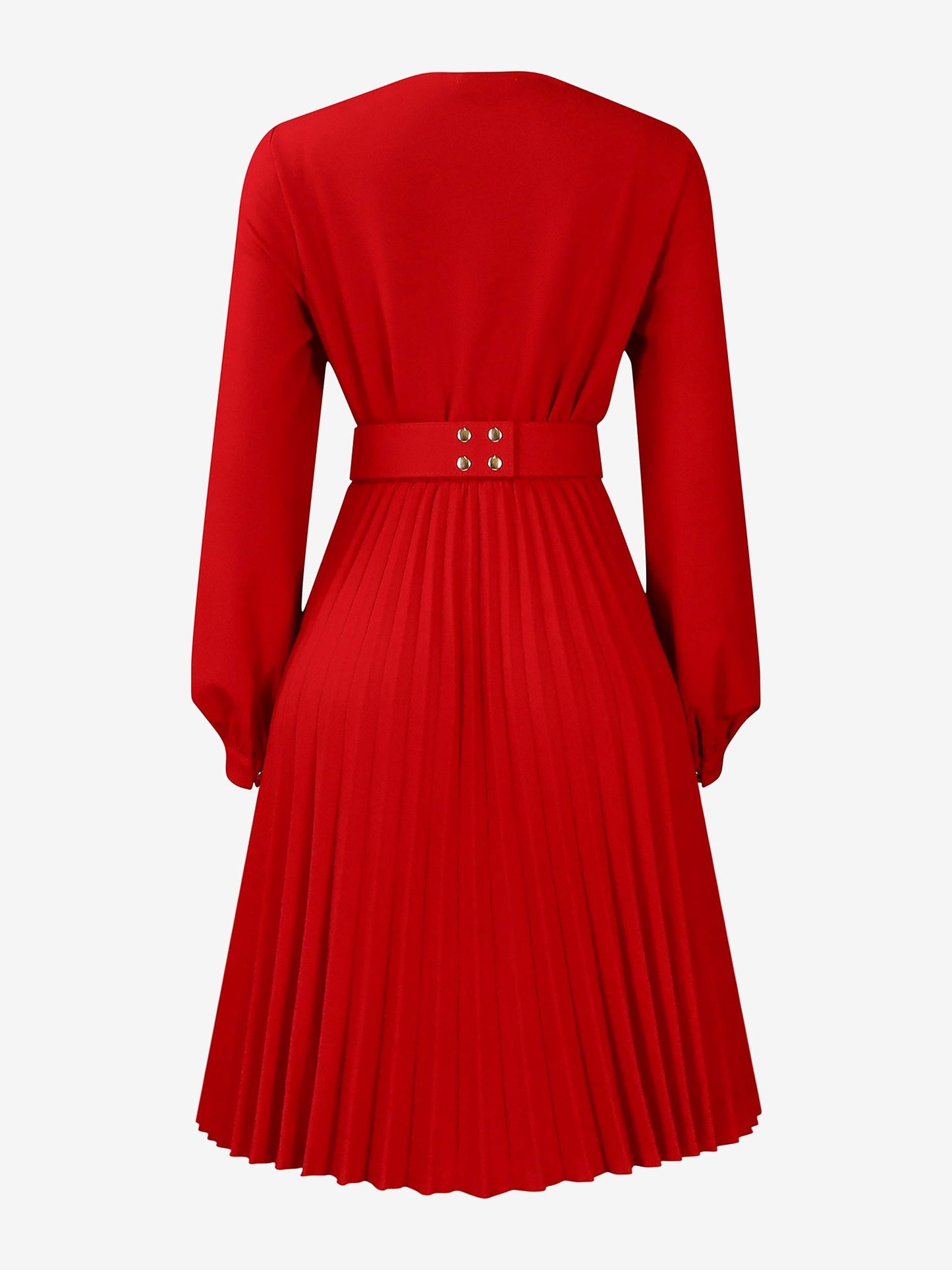 V Neck Long Sleeves Belted Pleated Midi Dress
