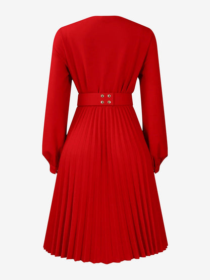 V Neck Long Sleeves Belted Pleated Midi Dress