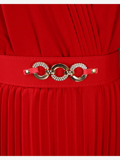 V Neck Long Sleeves Belted Pleated Midi Dress