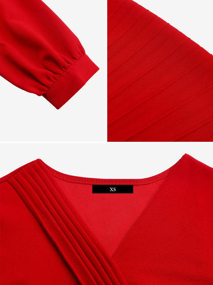 V Neck Long Sleeves Belted Pleated Midi Dress