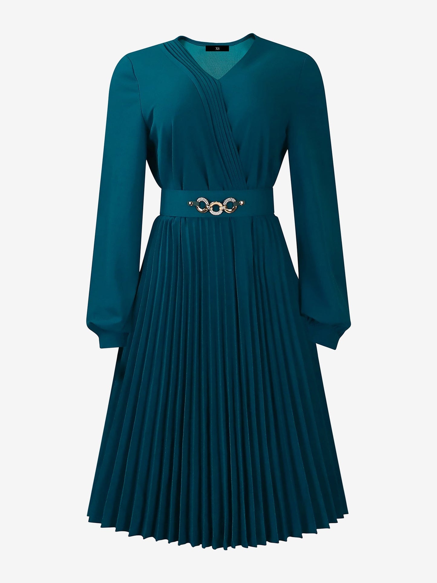 V Neck Long Sleeves Belted Pleated Midi Dress