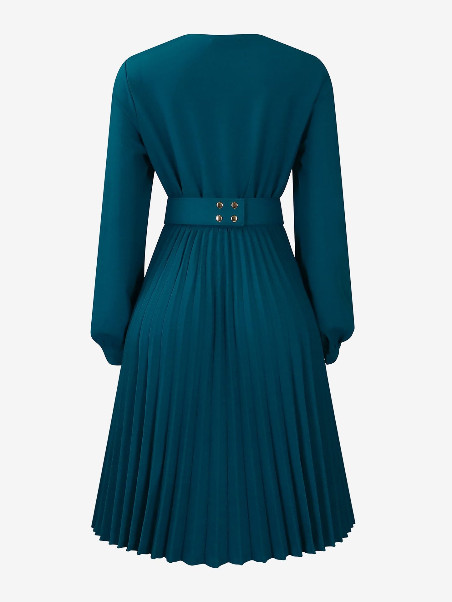 V Neck Long Sleeves Belted Pleated Midi Dress
