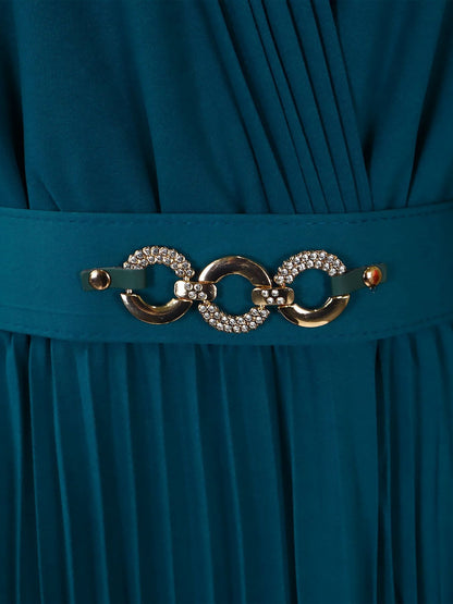 V Neck Long Sleeves Belted Pleated Midi Dress
